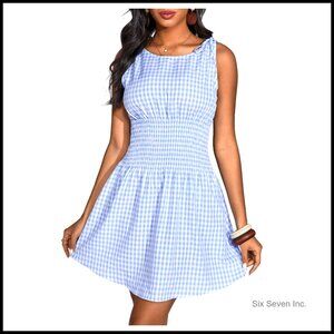 Tie Shoulder Boat Neck A-Line Mini Dress Elegant Summer Casual Gingham